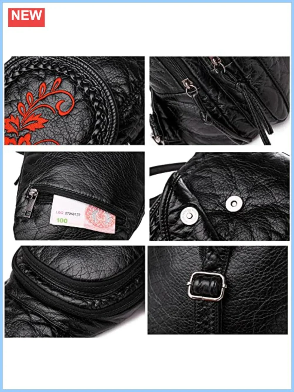 Vintage Embroidered Women Backpacks Soft PU Leather Backpack Purse Small Female